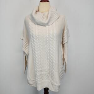 Alya Cable Knit Cowl Neck Poncho Sweater Size M/L Ivory Long Sleeve Side Vent